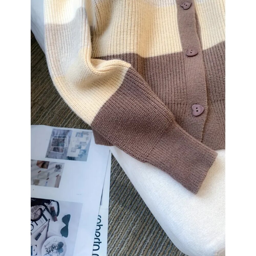 Color Block Button-Up Knit Cardigan – Cozy & Stylish - Picture 3 of 5